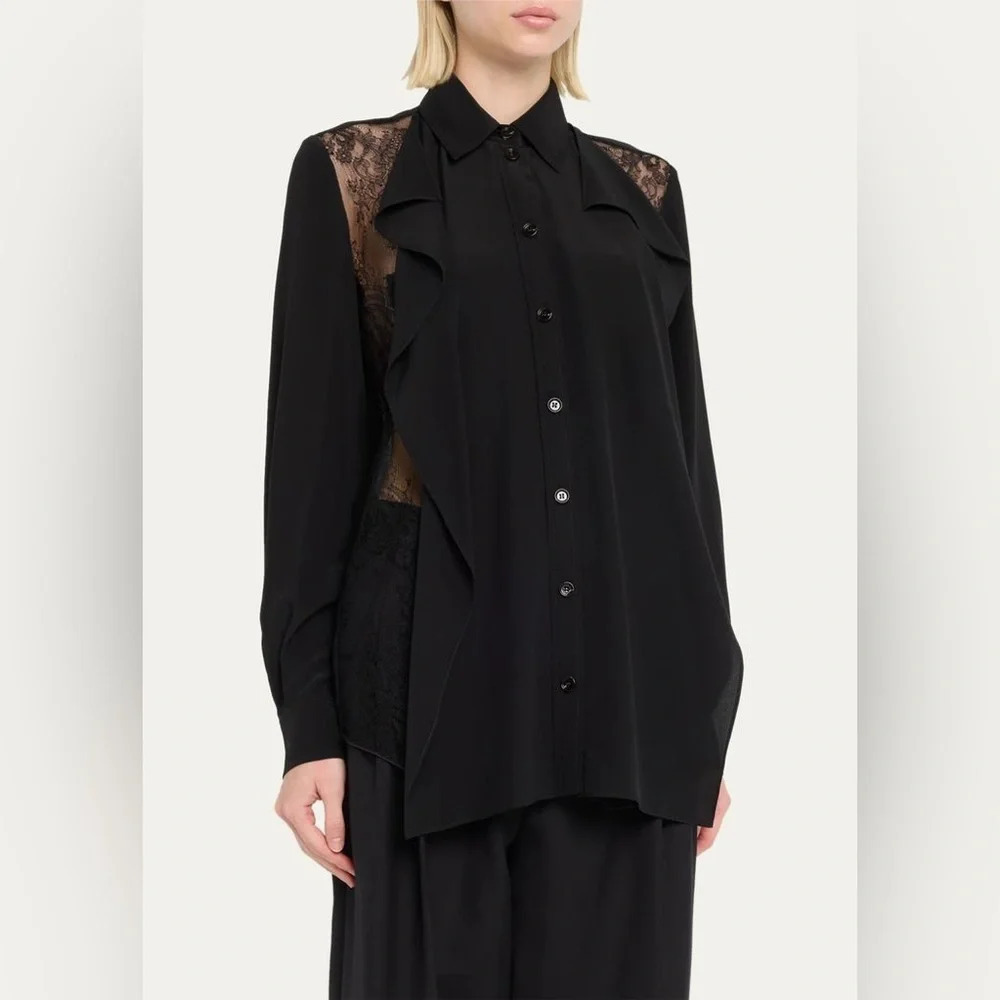 Burberry London NWT‎ Veronica Silk Ruffle Inset Lace Blouse Black Womens US 6